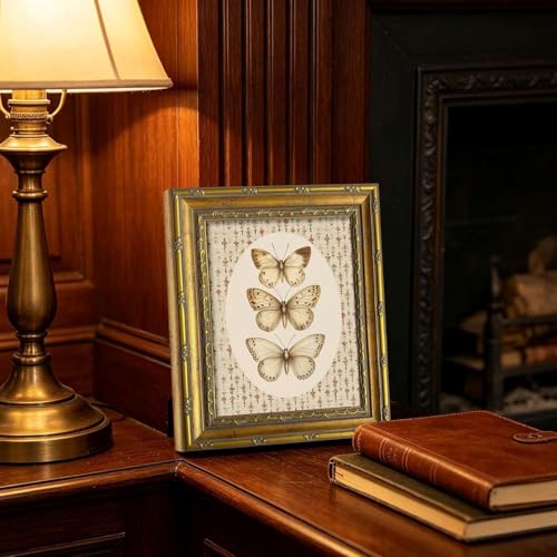 DR.RiftArt Vintage Butterfly Wall Art Antique Neutral Insect Decor Painting | Canvas Floral Background Artwork Print Picture Rustic Farmhouse Style for Living Room Bedroom Office 9x11 inch Gold Framed - color: There Butterfly, size: 11"L x 9"W