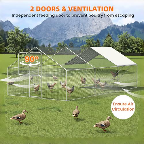 UDPATIO Large Metal Chicken Coop Walk in & Run– Heavy Duty Outdoor Poultry Run with Protective Cover for 25-35 Chickens, Ducks, or Rabbits | Predator-Proof & Weather-Resistant | Double Feed Door UV-Resistant Cover Heavy Duty Outdoor Cage for Bird Duck Rab