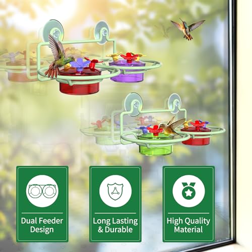 Dreamdrawer 2 Pack Window Hummingbird Feeder, Small Hummingbird Feeder for Outdoors with Strong Suction Cup - Metal Base & 6 Feeding Ports, Easy to Clean and Refill, Green - color: 2PC-Green