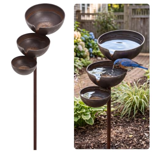 Hicarer 1 Pack 3 Bowl Stainless Steel Rain Catcher Garden Stake, Rust Proof Bird Bath Plant Support Water Stand Rain Collector for Garden Bee Butterfly Bird Feeder Outdoor Decor (3.9",3.1",2.3")
