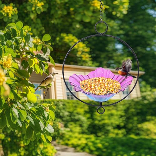 MUMTOP Hanging Bird Bath for Outdoors, Glass BirdBath Bowl for Garden Decor | Hanging Bird Baths with Circle for Outdoors, Flower Glass Bird Water Bowl Bird Feeders for Outside, Garden, Lawn Yard Decor