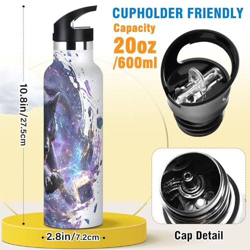 Wolf Water Bottles for Boys Starry Sky Leakproof Insulated Flask Jug Insulated Stainless Steel Travel Mugs Thermos Bottle Cups with Straw Lid for Sport 600ml - color: black wolf running