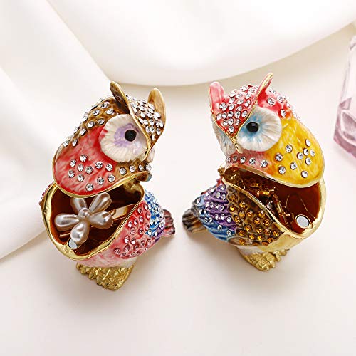 Hand Painted Enamel Couple Owl Trinket Box, Hinged Unique Mini Ring Necklace Jewelry Organizer, Classical Bejeweled Storage, Figurine Collectible Keepsake Home Decor (Couple Owl) - color: Couple Owl