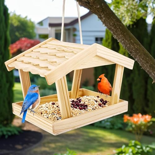 Bird Feeders House, 10x6.3x7.8 Inch Wooden Wild Bird Feeders for Cardinals Finches Bluebird Mealworm, Platform Bird House Feeder for Garden Yard Outside Hanging, Unfinished Wood