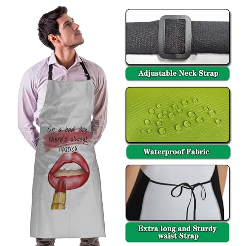Kitchen Apron for Women Red Lips Quotes on a Bad Day There’s Always Lipstick Funny Aprons for Men for Cooking Restaurant BBQ Painting Crafting Gardening 27” (W) x 31” (H), Waterproof Apron - color: Red Lips