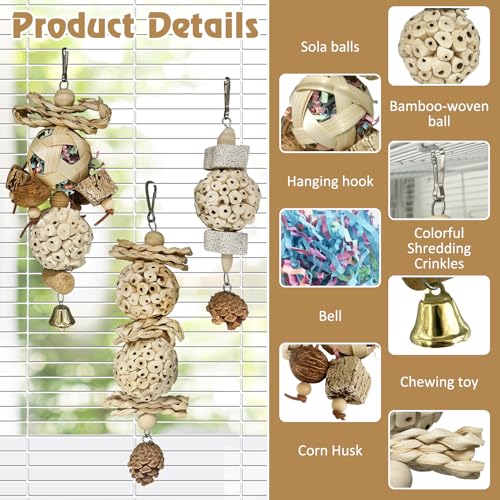 BNOSDM Hanging Bird Toy Sola Balls 3PCS Parrot Shredder Balls Natural Parakeet Foraging Toy Wood Bird Cage Chew Toys for Cockatiel, Budgie, Sun Conure, Quakers, Lovebirds (A) - color: White