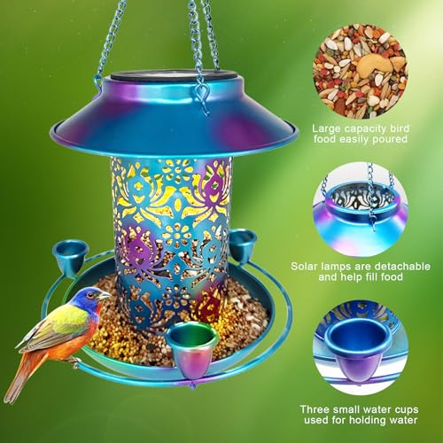 Solar Bird Feeder for Outdoors, 3 Nectar Cups for Hummingbirds, Metal Squirrel-Proof Weatherproof, 2-in-1 Garden Lantern Auto Light at Night, Perfect for Birthdays, Christmas, Bird Lovers