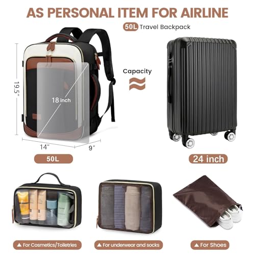 LOVEVOOK 50L Travel Backpack Carry On Airline Approved, Large Backpack with 3 Packing Cubes, TSA Travel Essentials Carry On Bag, Waterproof Weekender Overnight Luggage Daypack, Fits 18 Inch Laptop - color: H-black-beige-brown, size: XLarge - 18.5 Inch - 5