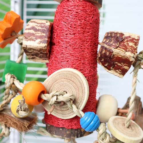 Natural Loofah Parrot Chew Toy - Hanging Bird Shredding Foraging Toy with Colorful Rope, Wood Blocks & Beads for Macaws, Cockatoos, African Grey, Conures - Bird Cage Chewing Entertainment Toy.
