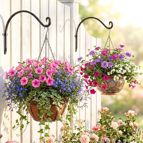 Lifyzoon Hanging Plant Brackets Outdoor: 12 Inch 50 lbs Bird Feeder Hook | Set of 2 Solid Iron Hooks Holds 50 Lbs, for Bird Feeders Flower Baskets Lanterns, Complete Hardware, Indoor Outdoor - size: 2B-12“2PCs