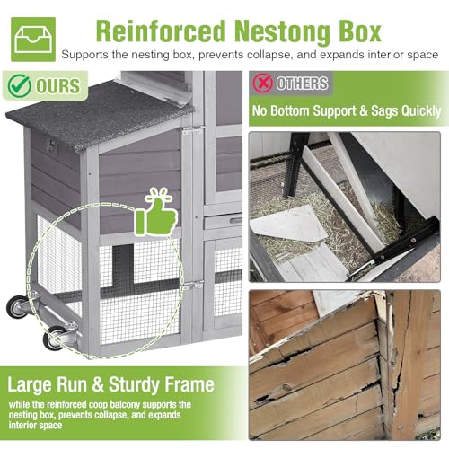GUTINNEEN Mobile Chicken Coop with Wheels for 2-4 Chickens, Expandable Wooden Hen House with Divided Nesting Box, Reinforced Coop Balcony, Roosting Perch, Metal Pull-Out Tray, 82.4" L (Brown) - color: Grey, size: 80.7"L x 22.0"W x 44.1"H