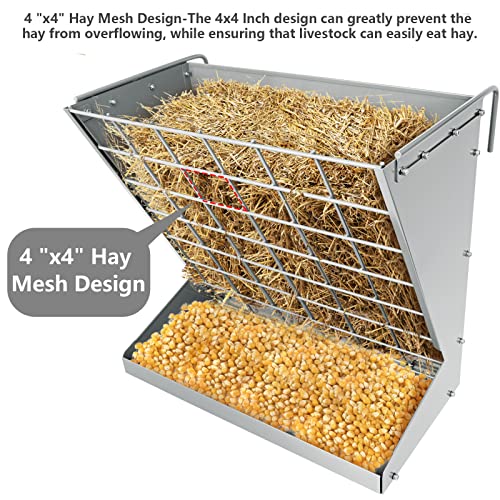 Wall Mount Hay Rack, Metal 2 in 1 Hay and Grain Feeder | Livestock Feeder with Adjustable Distance, Hay Feeder for Goats, Sheep, Horse - color: Silver