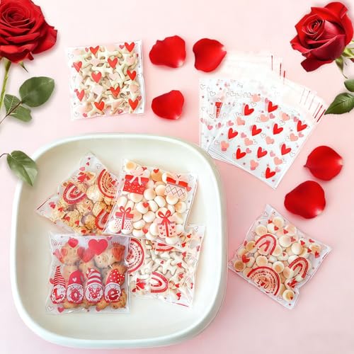 ZYLOP Valentines Cookie Bags - 100PCS 4x4 In Red Self-Sealing Valentine's Cellophane Treat Bags for Candy Snacks,Small Gifts, Clear Goodie Bags for Valentine's Day, Birthday, Party Favors - 2.8 Mil - color: Red Heart 100pcs