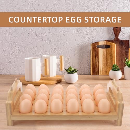 Bamboo Egg Holder 24 Pcs Eggs Rack Countertop Storage, Surface Paint & Handle Design for Kitchen Fresh Egg Holder Countertop and Fridge Egg Organizer - style: Farmhouse 24Pcs