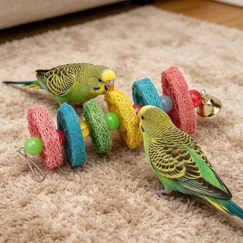 Hypeety Bird Toys Parrot Hanging Chew Toys Natural Colorful Loofah Shred and Preen Swing Bird Bell Cage Parrot Toys - color: Loofah Shred Toy