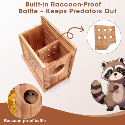 Squirrel House for Outside with Raccoon-Proof Baffle, Carbonized Pine Nesting Box, Outdoor Squirrel Box for Backyard Wildlife