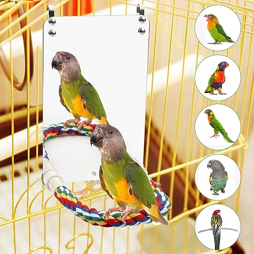 9.4‘’ Bird Mirror for Cage, Coolrunner Bird Parrot Mirror with Rope | for cockatiel conures, lovebirds, Parrot, canaries, and budgies - size: 9.4''