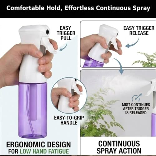 VIGOR PATH Continuous Mist Purple Spray Bottle 200ml Fine Mist for Hair | Aerosol Free Reduces Hand Fatigue Salon Refillable Lightweight Cleaning - color: PURPLE