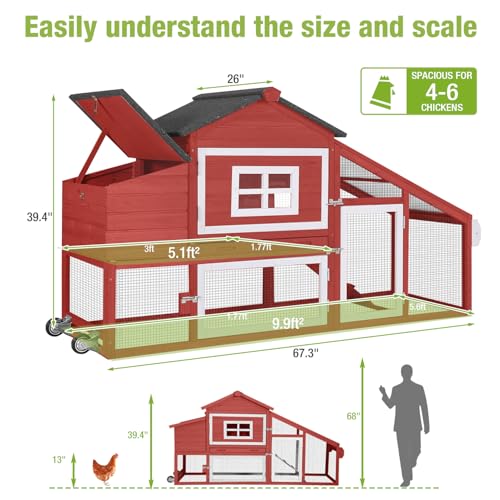 GUTINNEEN Chicken Coop with Wheels,Outdoor Hen House with Waterproof Asphalt Roof, Wooden Poultry Enclosure with Easy-Clean Slide-Out Tray,Poultry Cage with Nesting Boxes for Duck Rabbit Chicken-Red - size: 67.3"L x 26"W x 39.4"H-Red