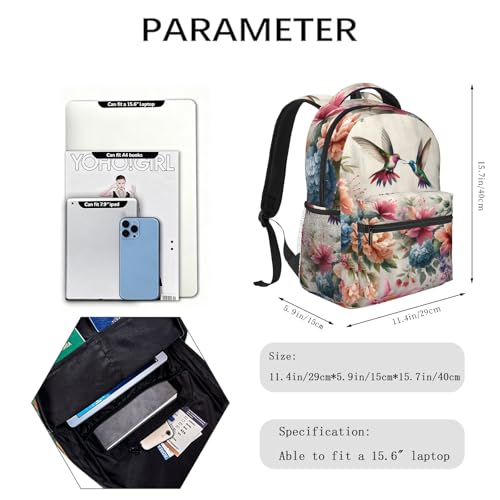Floral Hummingbird Casual Backpack, Lightweight Laptop Bag Daypack, Colorful Bird Flower Backpacks for Women Men Teens Students, Vintage Polyester Bookbag Gifts for School Work Travel Hiking - color: Hummingbird 01