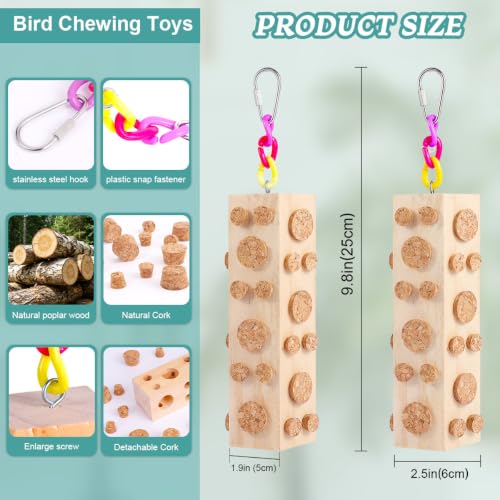 Bird Foraging Toy Parakeet Toys for Budgie, Conure, Cockatiel, Lovebird, and Small to Medium Parrots, 2 Pack Hanging Parrot Toy with 92 Detachable Corks, Natural Wood
