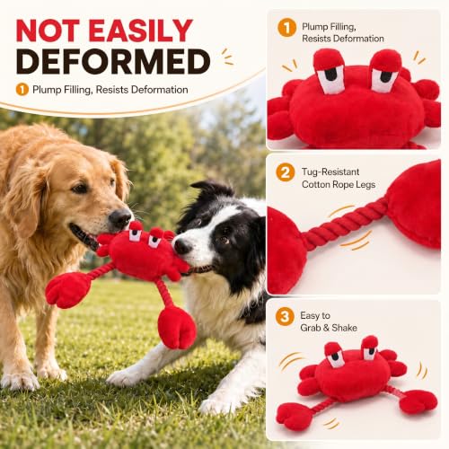 Squeaky Dog Plush Chew Toy, Interactive Tug Squeaky Toy for Chewers, Medium & Large Dogs & Fetch Play, 18.1 Inch Stuffed Crab Toy with Rope Twisted Claws for Gentle Gum Care & Boredom Relief, Red - color: Red (Crab)