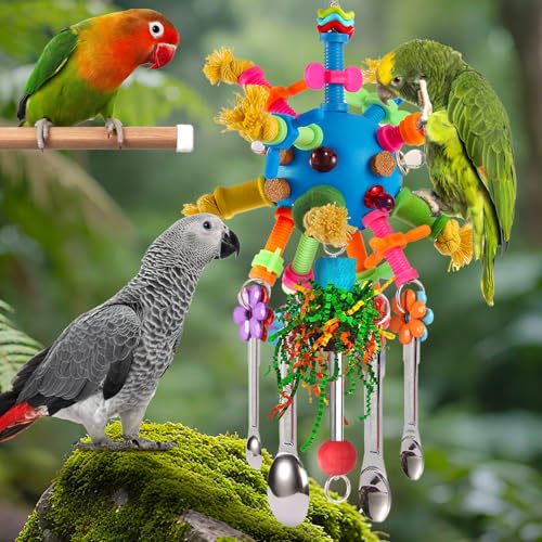 Parrot Toys Bird Toys Perch Pullable Stainless Steel Spoons Colorful Acrylic Stick Chew Toys for Amazons Mini Macaws African Greys Cockatoos Conures, Cockatiels, Lovebirds, Parrotlets and Other (blue) - color: blue