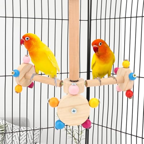 Hypeety 360° Rotating Bird Perch Stand Toy Natural Wood Interactive Exercise Wheel Parrot Perch Toys Bird Rotating Perch for Parrot Parakeets Budgies Lovebirds Finch Conures (3 Stands)