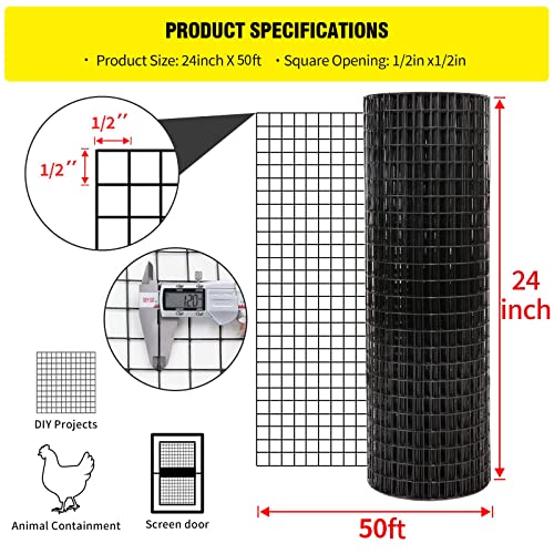24'' x 50' 1/2inch Hardware Cloth 16 Gauge Black Vinyl Coated Welded Fence Mesh for Home and Garden Fence and Home Improvement Project - size: 24'' x 50'-16 Gauge