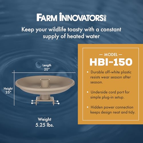 Farm Innovators 150 Watt Outdoor Plastic Heated Birdbath with Twist Deck Mount, Hidden Electrical Connection, and Internal Thermostat, Tan | All season decorative heated birdbath with easy twist-on deck mount, built-in perch or feeder, 1-1/2-gal capacity