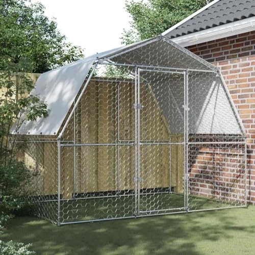 Large Outdoor Chicken Cage, 9.3ft Walk-in Galvanized Steel Poultry Coop with Roof and Lockable Door, Metal Hen House for Backyard Garden, Silver Mesh Pen for Duck and Rabbit - color: Silver