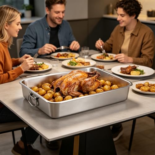 23.5" x 15.5" Stainless Steel Roasting Pan with Handles, Extra Large Turkey Roasting Pan Deep Baking Tray for Oven – Heavy Duty Roaster for Turkey, Lasagna, Roasts & Holiday Meals