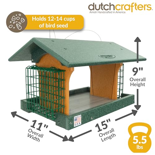 DutchCrafters Poly Hanging Large Hopper Bird Feeder with Two Suet Cake Holder Cages, Durable Long Lasting Outdoor Bird Feeder - Amish American Made in USA (Turf Green & Cedar) - color: Hanging - Turf Green & Cedar