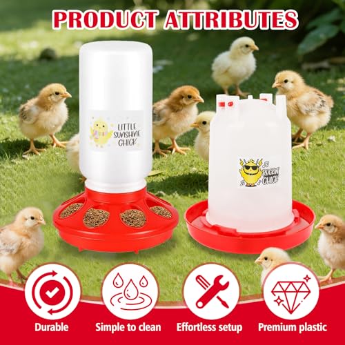 Chicken Feeder and Waterer Set with Chick Perch, Cool Baby Chick Feeder and Waterer Set, Chick Waterer, Baby Chicken Supplies for Small Poultry Chicks Ducks Quail Pigeons Birds(RED)