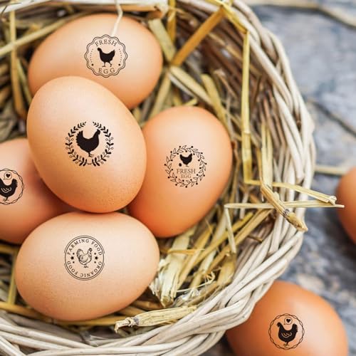AHANDMAKER 5 Styles Fresh Egg Stamp Mini Round Cartoon Hen and Rice Straw Stamps Wooden Egg Stamp Decorative Hen Label Stamps for Egg Famers and Owners, Farm Supplies Card Making(No Ink Include) - style: Hen