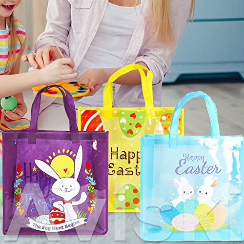 6PCS Happy Easter Egg Hunt Bags Easter Bunny Carrot Chick Egg Gift Bags with Handles, Easter Treat Bags, Multifunctional Non-Woven Easter Bags for Gifts Wrapping, Easter Party Supplies , 13×13×4inch - color: Pink Purple Green Blue Orange