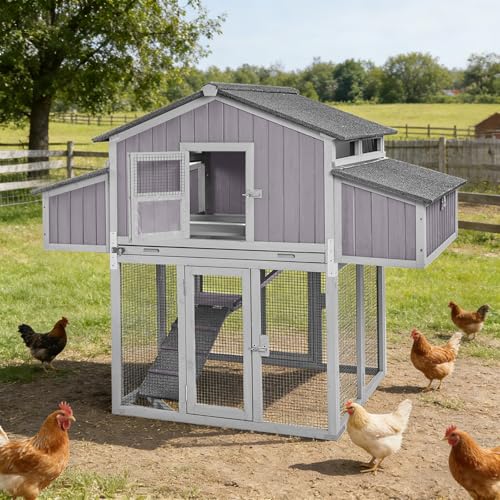 GUTINNEEN Large Foldable Chicken Coop Wooden with Nesting Boxes, Two-Tier Chicken House with Run, PVC-Covered Nest Box, Easy Clean Tray, Predator-Proof Outdoor Poultry Cage for 4–6 Chickens - size: 69.8"L x 42"W x 54.6"H