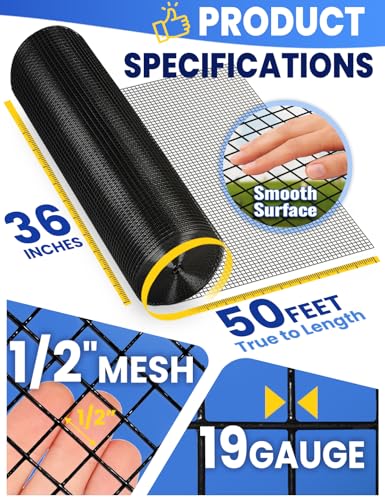 19 Gauge 1/2 inch 36in×50ft Black Hardware Cloth Chicken Wire Fence, Galvanized Steel Vinyl Coated Wire Mesh Roll Supports Poultry Netting Cage Fence Snake,Rabbit Wire - size: 1/2inch 36"x50'