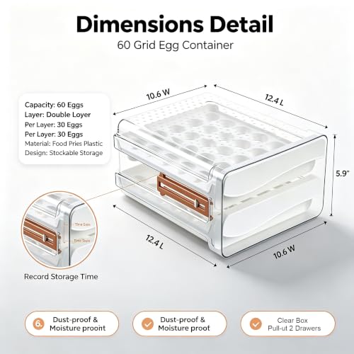 Sooyee Egg Holder for Fridge, Clear, 2 Drawers 60 Eggs | Eggs Organizer for Refrigerator,Space-Saving Egg Container, Clear Acrliy 2-Tier Egg Tray Storage for Kitchen - size: 60 Capacity