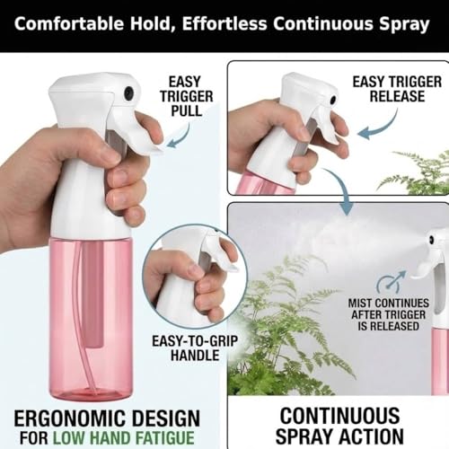 VIGOR PATH Continuous Mist Pink Spray Bottle 200ml Fine Mist for Hair | Ultra Fine Atomizer Leak Proof Ergonomic Construction 360 Refillable - color: PINK
