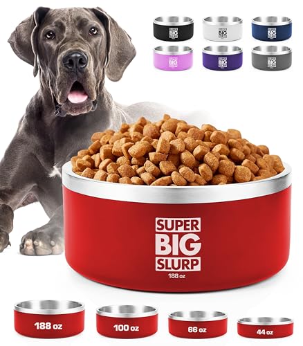Tuff Pupper Heavy Duty Insulated Dog Bowl | Double Wall Stainless Steel Dog Food Dish | Non-Slip Spill Proof Dishwasher Safe Cat Bowl | Water Dish for Feeding Large Medium Small Pets (188oz, Red) - color: Crimson Red, size: 188oz