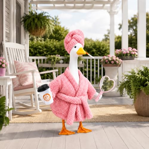 Old Lady Porch Goose Outfits 23 in Bathrobe Lawn Goose Costume Set Pink | 23 Inch, for Porch Goose Cement or Plastic Statue, with Shower Cap Coffee Cup Mirror , Lawn Yard Garden Patio Decor - style: Bathrobe light pink