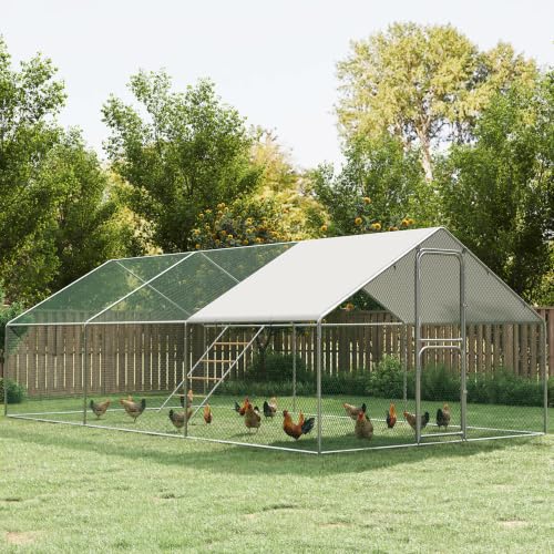 Walk-in Chicken Coops 10 x 20 Large Metal Chicken Runs with Roosting Perch | For 20-30 Chickens, Weather Resistant Heavy Duty Frame, Waterproof Hardware Cloth Cover, Poultry Cage with Split Door - color: Silver, size: 120.0"L x 228.0"W x 79.0"H