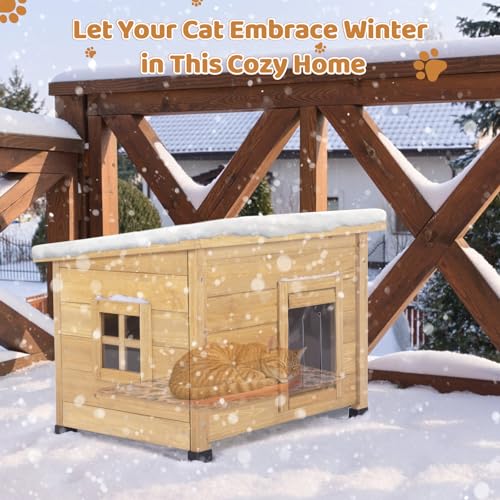 Agitree Outdoor Wooden Pet House, Weatherproof Winter Shelter for рuррy and Small Cats, Elevated Design with Window (Yellow, 22.56 * 17.71 * 16.73Inches)
