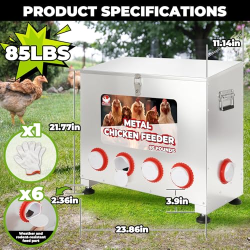 Chicken Feeder 85LB,6-Port Metal Poultry Feeder for Chickens, Poultry Coop | No Waste with Locking Lid&Riveted Handles,Adjustable Height,Large Capacity Rainproof Automatic Chicken Feeders - size: 85lbs