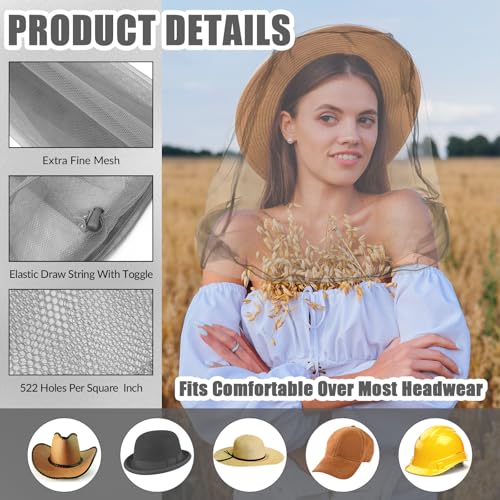HESTYA 6 Pack Mosquito Head Net Mesh for Hiking & Outdoors Bug Face Netting Over Hat Fishing Gear Insect Protection for Camping, Hiking and Outdoor Adventures(Grey) | Mesh Netting for Insect Protection, Fits over Hats with Elastic, Includes Storage Bags,