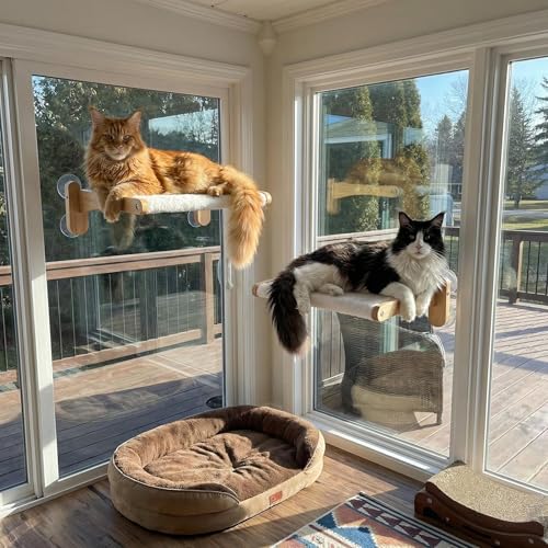Cat Window Perch with Bird Feeder – Foldable Hammock, Strong Suction Cups for Indoor Cats (Nature-2) - color: Nature-2