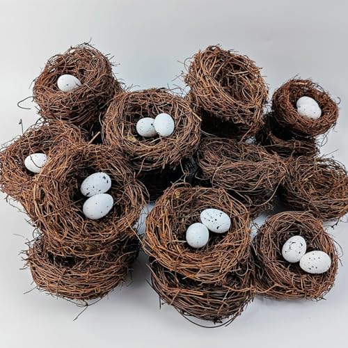 GXXMEI 24PCS/Set Small Faux Bird Nest with Eggs for Crafts, Artificial Rattan Birds Nest for Easter Wedding Home Party Christmas Tree Decoration (8pcs Mixed Small Size Nest, 16pcs Eggs)