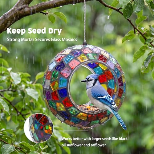 VCUTEKA Mosaic Bird Feeder Fly Through Hanging Birdfeeders for Garden Decor | 7" Mosaic Bird Feeeder for Outside, Round Polygon Shape Glass Container to Attract Wild Birds for Outdoors Garden Lawn Decor - color: Yellow&Red