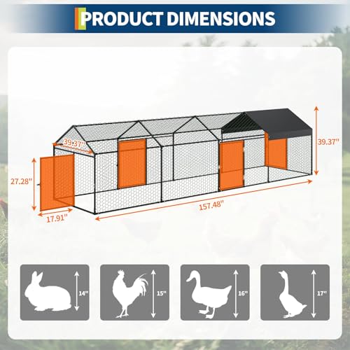 Garvee Metal Chicken Coop, Chicken Runs for Yard with Waterproof and Anti-UV Cover, 4 Door Portable Chicken Coop for Outdoor, Rabbit, Duck, Black, 160"×40"×40" - color: black, size: 160.0"L x 40.0"W x 40.0"H